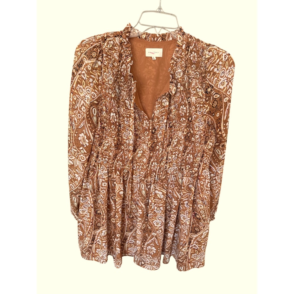 Melloday brown paisley ruffle blouse Peasant Boho style‎ semi lined sheer Small
